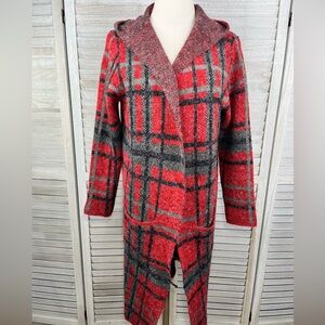 JOSEPH A. Plaid Coatigan Open Front Hooded Cardigan/Duster Red/Multi-Small